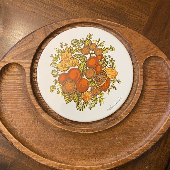 Vintage MCM Goodwood Teak Oval charcuterie Cheese Board Ceramic Board Glass Dome - Picture 5 of 6